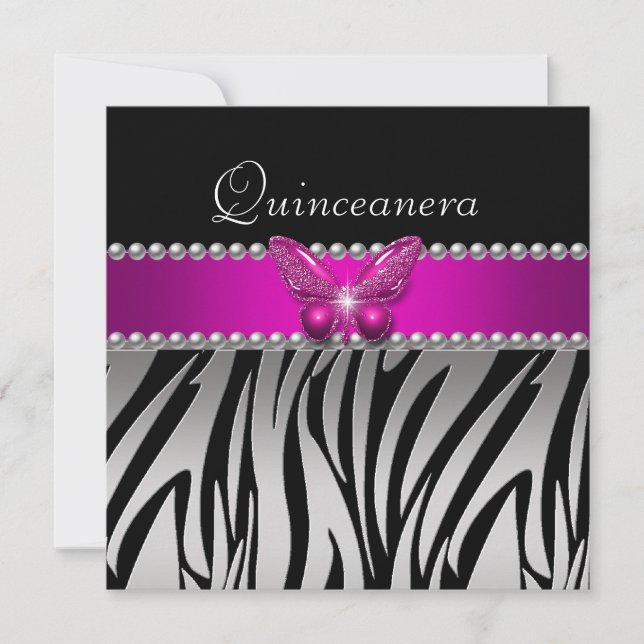 Quinceanera Pink Zebra Silver Black Butterfly Invitation (Front)