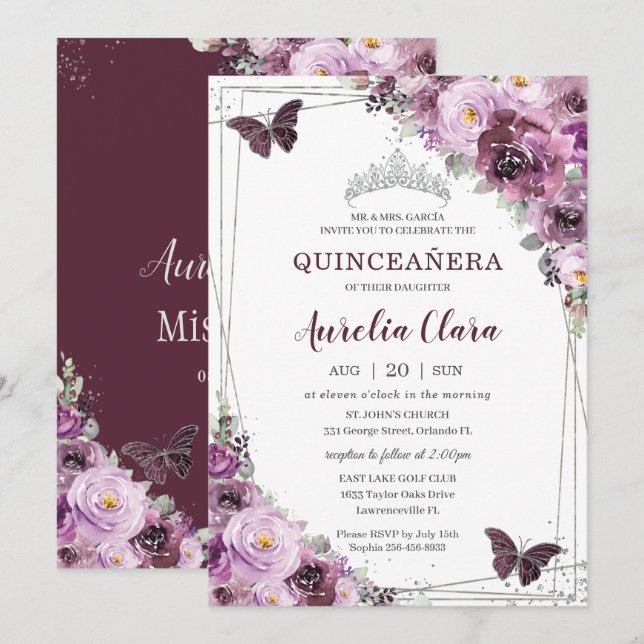 Quinceañera Plum Mauve Floral Butterflies Silver Invitation (Front/Back)