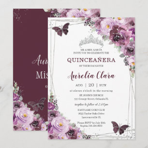 Quinceañera Plum Mauve Floral Butterflies Silver Invitation