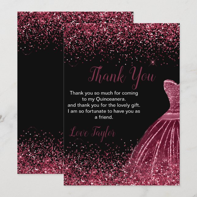 Quinceanera Plum Purple Dress Faux Glitter Thank You Card (Front/Back)