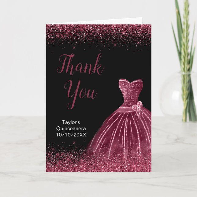 Quinceanera Plum Purple Dress Faux Glitter Thank You Card (Front)