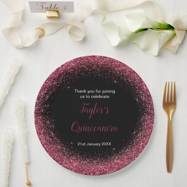 Quinceanera Plum Purple Faux Glitter Paper Plate (Wedding)