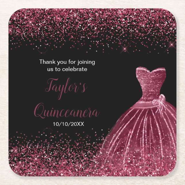 Quinceanera Plum Purple Faux Glitter Square Paper Coaster (Front)