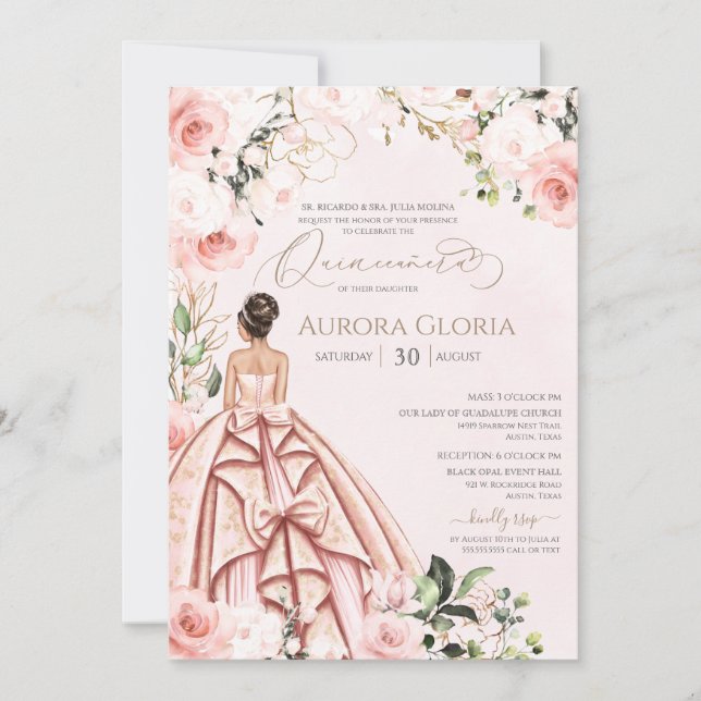 Quinceanera Pretty Pink Beautiful Blush Rose 15th  Invitation (Front)