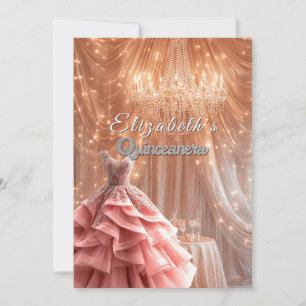 Quinceanera Pretty Pink Gown Chandelier Crown   Invitation