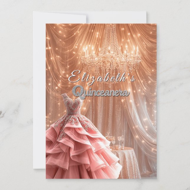 Quinceanera Pretty Pink Gown Chandelier Crown   Invitation (Front)
