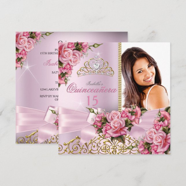 Quinceanera Pretty Pink Roses Tiara Photo Birthday Invitation (Front/Back)