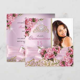 Quinceanera Pretty Pink Roses Tiara Photo Birthday Invitation