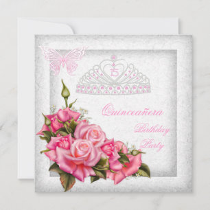 Quinceanera Pretty Pink Roses White 15th Party 2 Invitation