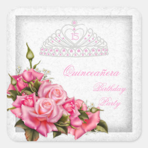 Quinceanera Pretty Pink Roses White 15th Party Square Sticker