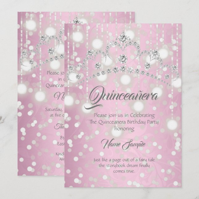 Quinceanera Pretty Pink Silver Diamond Tiara Invitation (Front/Back)