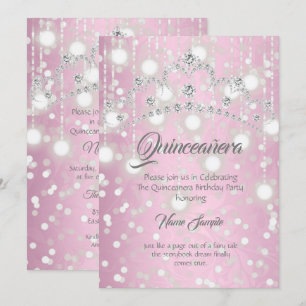 Quinceanera Pretty Pink Silver Diamond Tiara Invitation