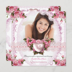 Quinceanera Pretty Pink White Rose Birthday 2 Invitation