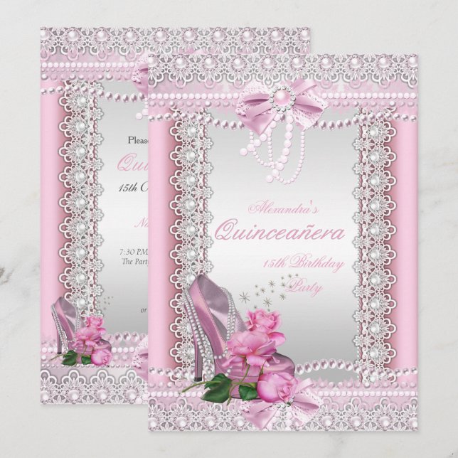 Quinceanera Pretty Pink White Rose High Heel Invitation (Front/Back)