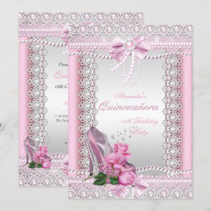 Quinceanera Pretty Pink White Rose High Heel Invitation