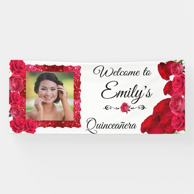 Quinceanera Pretty Red Roses and Red Glitter Frame Banner (Horizontal)
