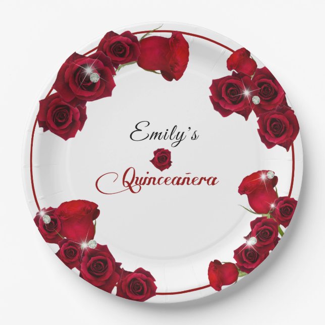 Quinceanera Pretty Red Roses Diamonds   Paper Plate (Front)
