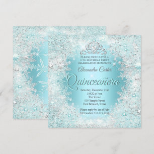 Quinceanera Pretty Silver Teal blue Snowflakes Invitation