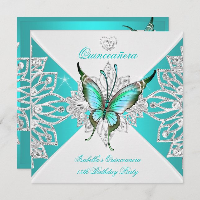 Quinceanera Pretty Teal Blue Butterfly Tiara 2 Invitation (Front/Back)