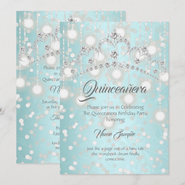 Quinceanera Pretty Teal Silver Diamond Tiara Invitation (Front/Back)