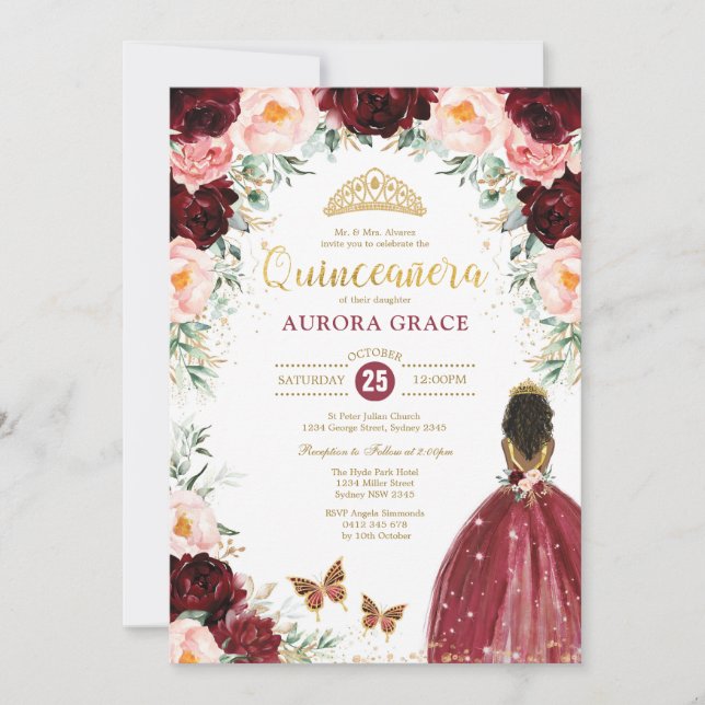 Quinceañera Princess Burgundy Floral Birthday Invitation (Front)
