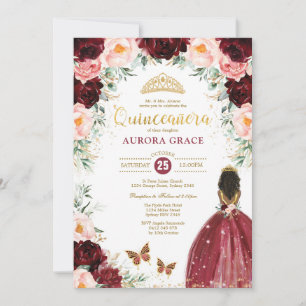 Quinceañera Princess Burgundy Floral Birthday Invitation