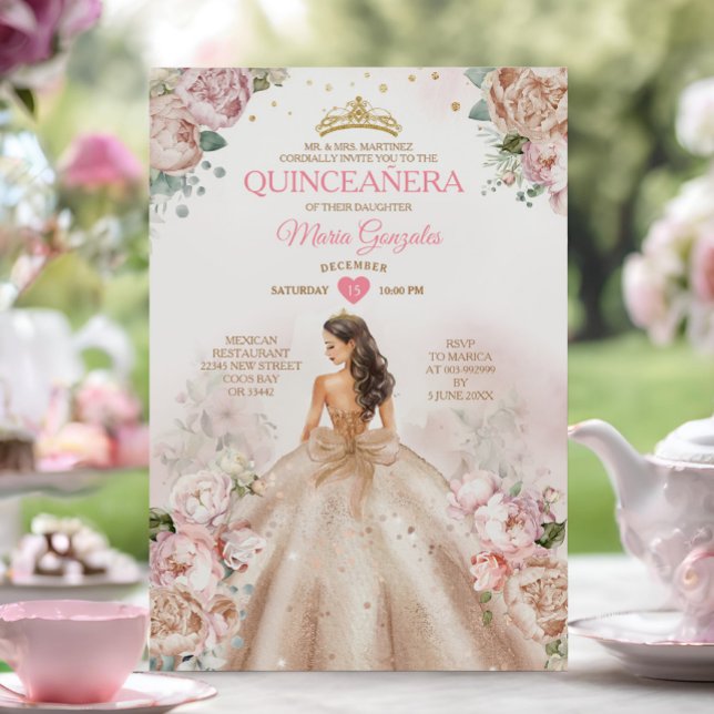 Quinceañera Princess Champagne and Blush Pink Invitation (Creator Uploaded)
