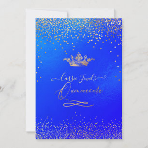 Quinceanera Princess Crown Faux Gold Confetti Blue Invitation