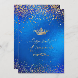 Quinceanera Princess Crown Faux Gold Confetti Blue Invitation