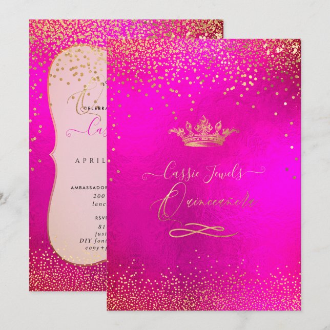 Quinceanera Princess Crown Faux Gold Confetti Pink Invitation (Front/Back)