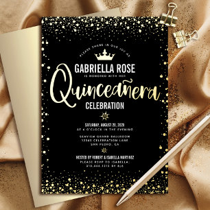 Quinceañera Princess Crown Script Black Real Gold