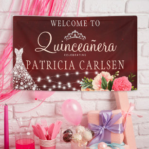 Quinceanera princess dress burgundy floral party banner
