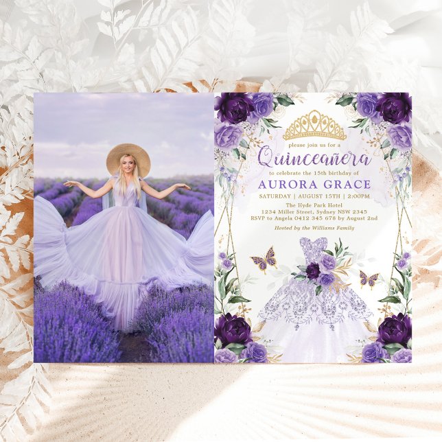 Quinceañera Princess Dress Purple Flower Photo Invitation (Creator Uploaded)