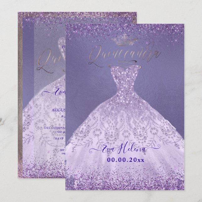 Quinceañera, Princess Dusty Purple Glitter Gown Invitation (Front/Back)