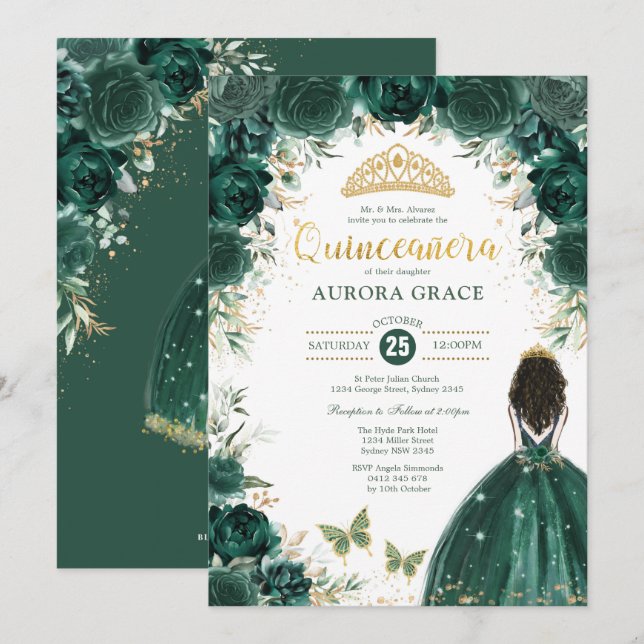 Quinceañera Princess Emerald Green Floral Birthday Invitation (Front/Back)