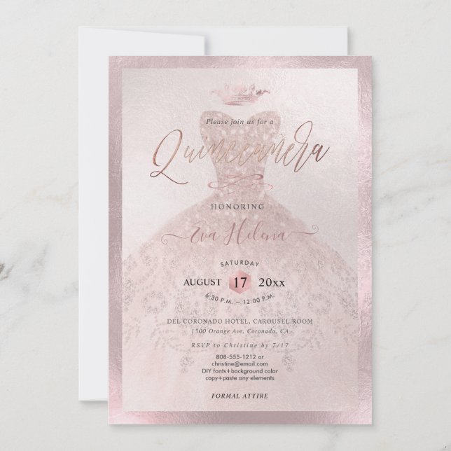 Quinceañera, Princess Faux Rose Gold Tiara+Gown Invitation (Back)