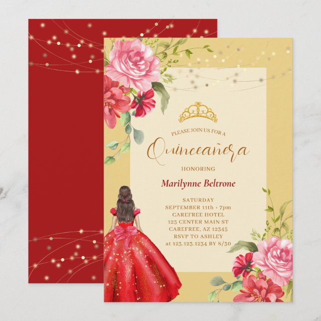 Quinceañera Princess Floral Red Yellow Invitation (Front/Back)