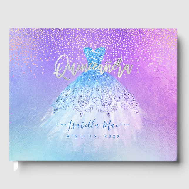 Quinceanera Princess Glitter Gown, Aqua Blue Guest Book (Front)