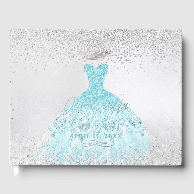 Quinceanera Princess Glitter Gown Ombre Blue Guest Book (Front)
