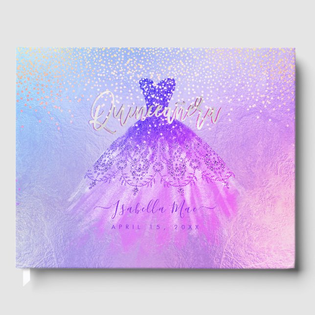 Quinceanera Princess Glitter Gown, Purple Violet Guest Book (Front)