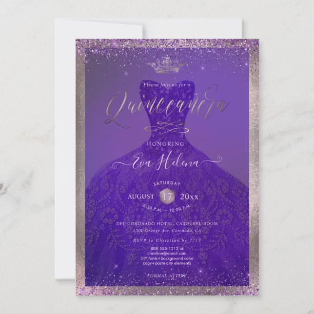 Quinceañera, Princess Glitter Purple Violet Gown Invitation (Back)
