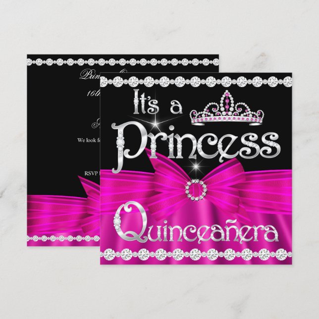 Quinceanera Princess Hot Pink Bow Silver Tiara Invitation (Front/Back)