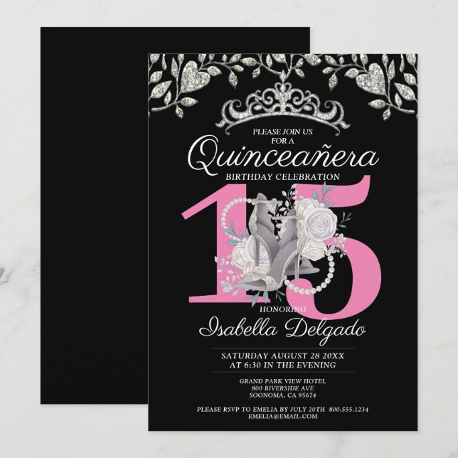 Quinceanera Princess Pink Black 15th Birthday Invitation (Front/Back)