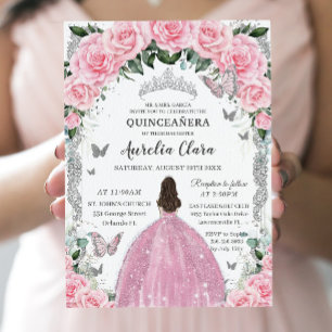 Quinceañera Princess Pink Floral Vintage Silver Invitation