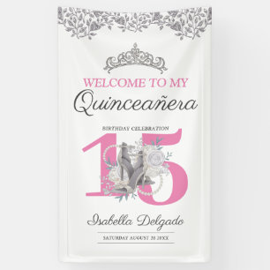 Quinceanera Princess Pink Silver 15th Birthday  Banner