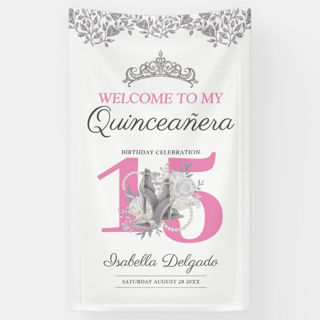 Quinceanera Princess Pink Silver 15th Birthday  Banner (Vertical)