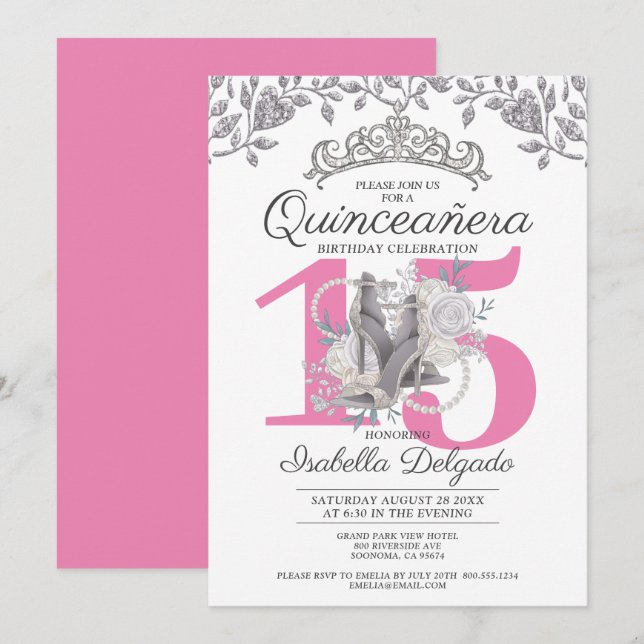 Quinceanera Princess Pink Silver 15th Birthday Invitation (Front/Back)