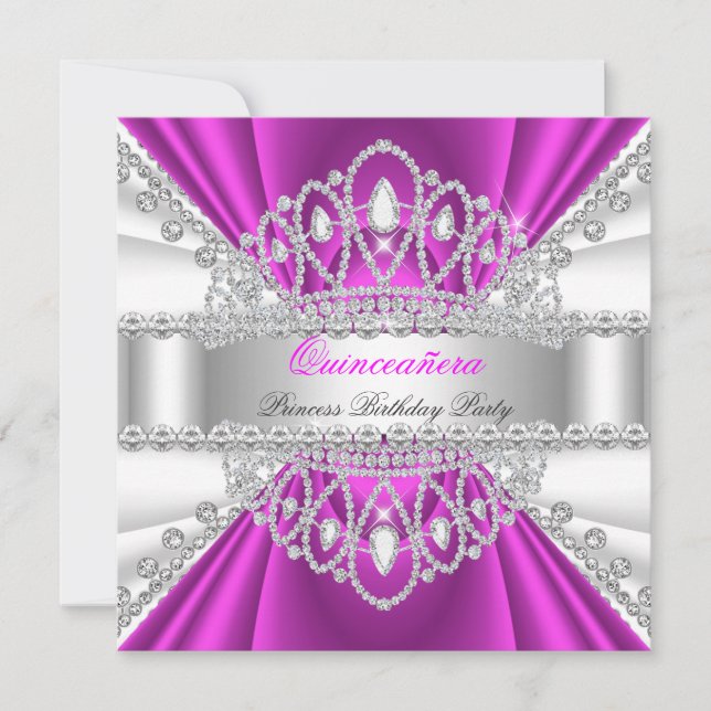 Quinceanera Princess Pink White Diamond Tiara Invitation (Front)