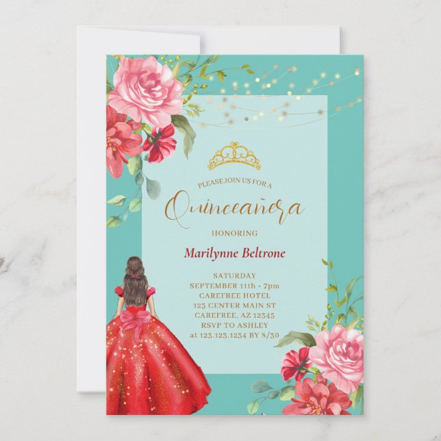 Quinceañera Princess Red Floral Invitation (Front)
