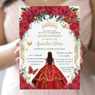 Quinceañera Princess Red Roses Floral Vintage Gold Invitation